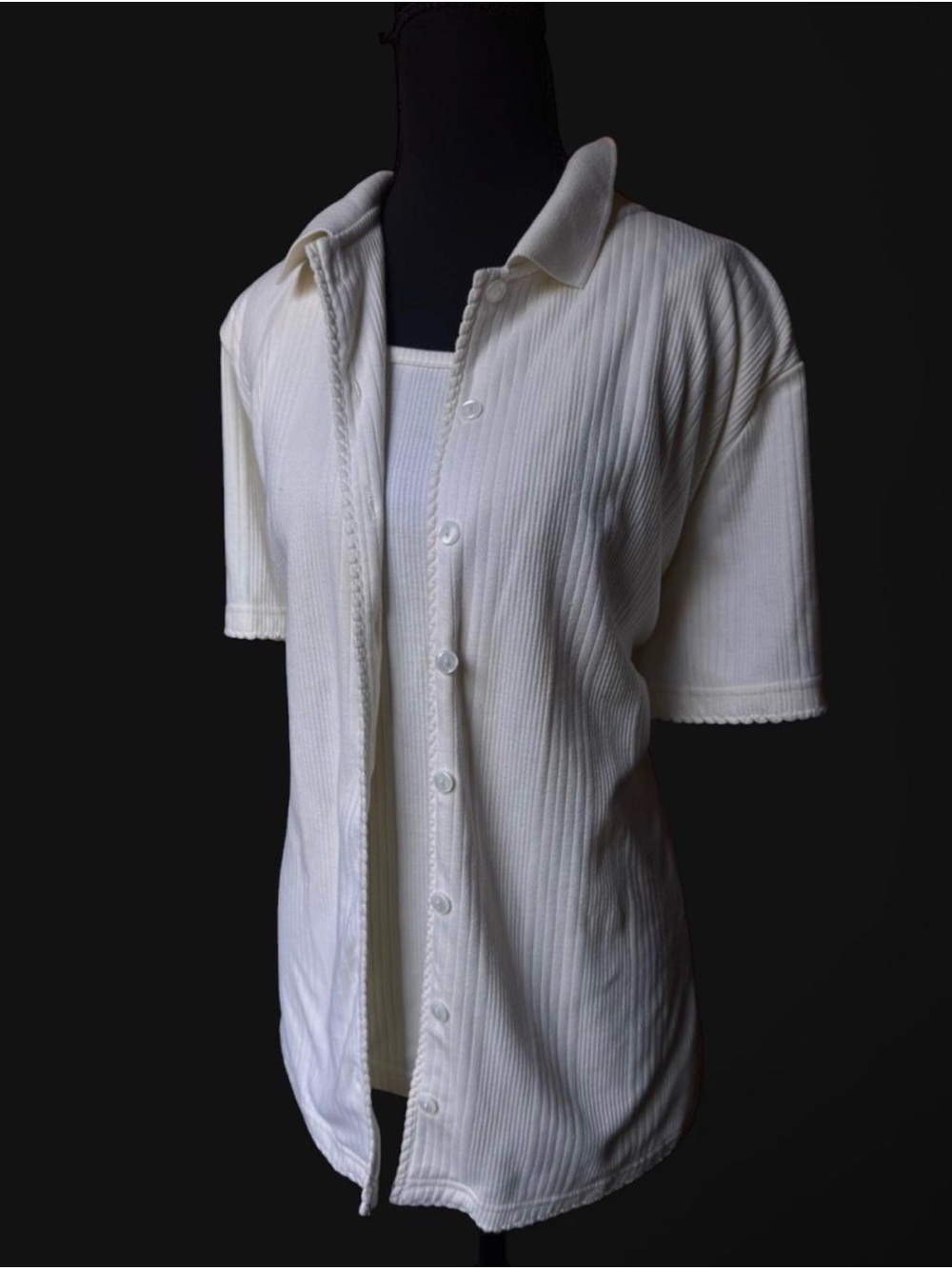 Bobbie Brooks Cream Ribbed Short-Sleeve Button-Down Shirt with Built-In Cami